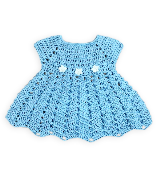 Robe Bébé Manches Courtes En Laine Crochet Bleu Et Blanc - 3/5 Mois - Fait Main